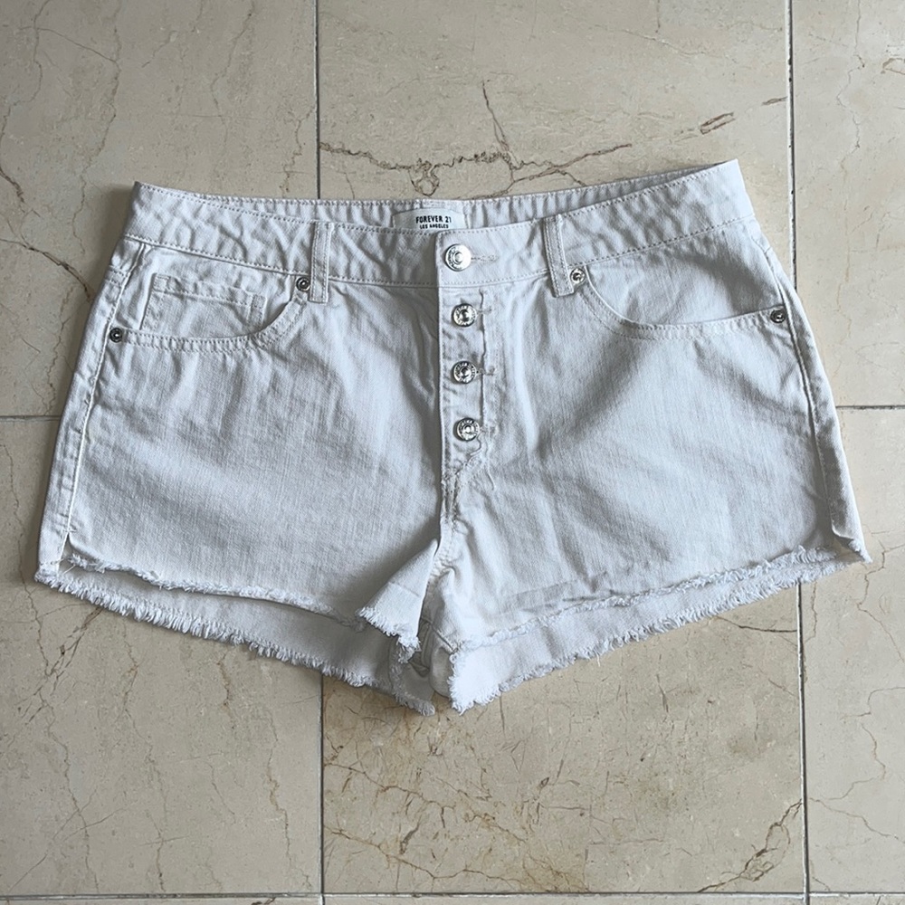 Solid Off White/Cream Frayed Denim Shorts